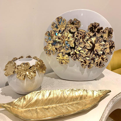 White Ceramic Candle Holder Gold Flower Design Candle Holders High Class Touch - Home Decor 