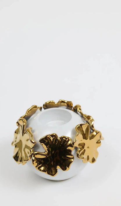 White Ceramic Candle Holder Gold Flower Design Candle Holders High Class Touch - Home Decor 