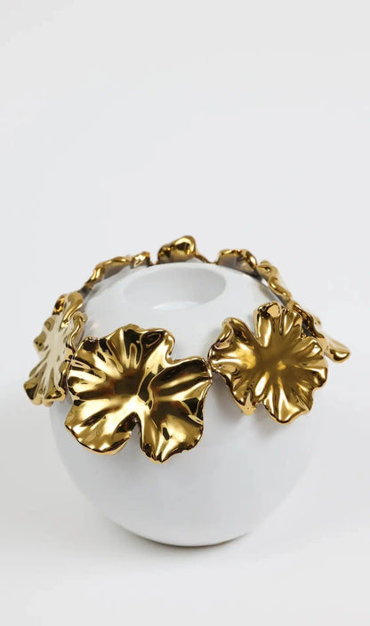 White Ceramic Candle Holder Gold Flower Design Candle Holders High Class Touch - Home Decor 