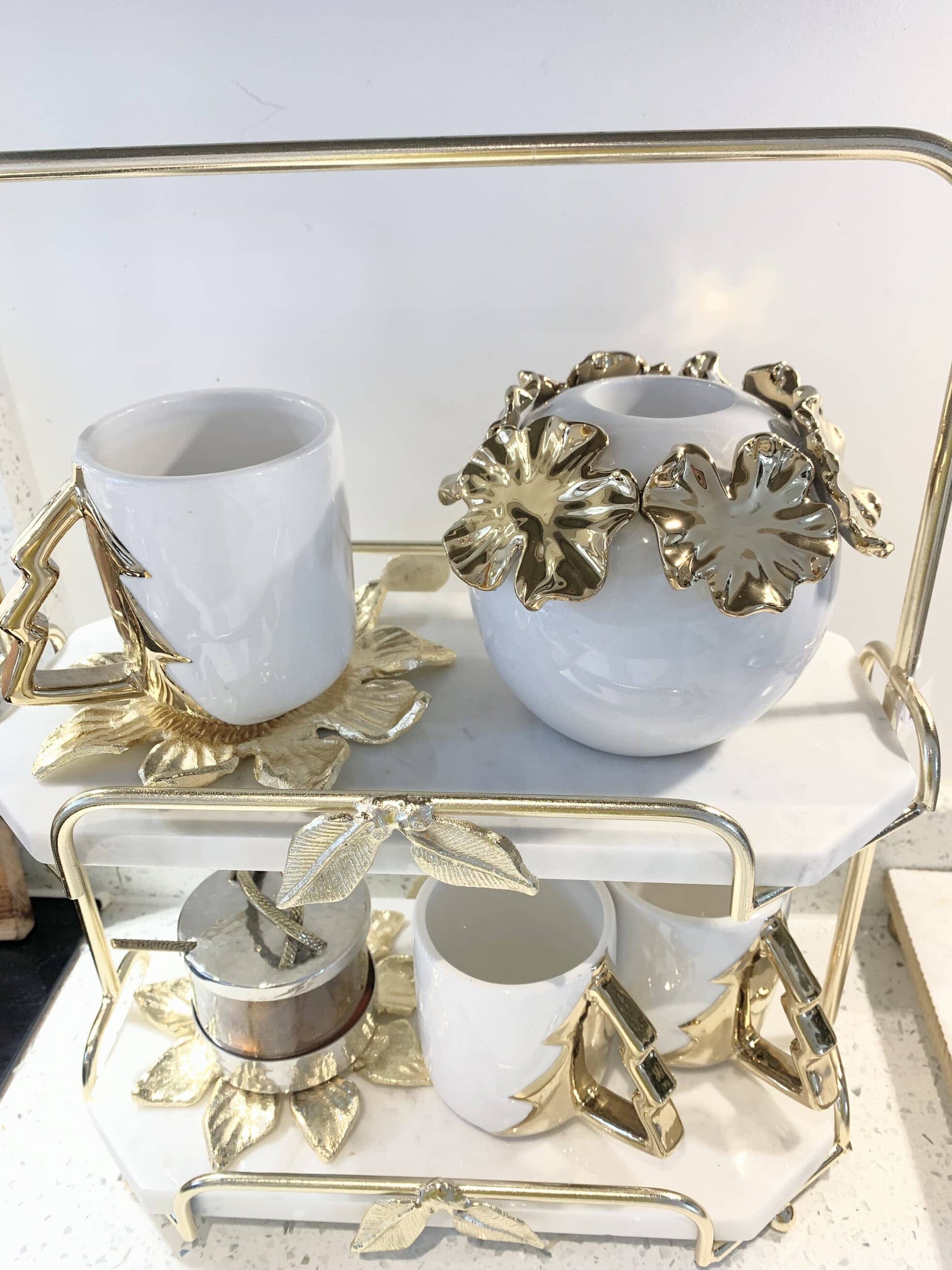 White Ceramic Candle Holder Gold Flower Design Candle Holders High Class Touch - Home Decor 