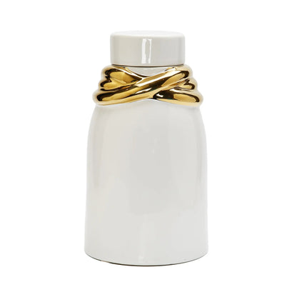 White Ceramic Jar with Lid and Gold Details Decorative Jars High Class Touch - Home Decor 