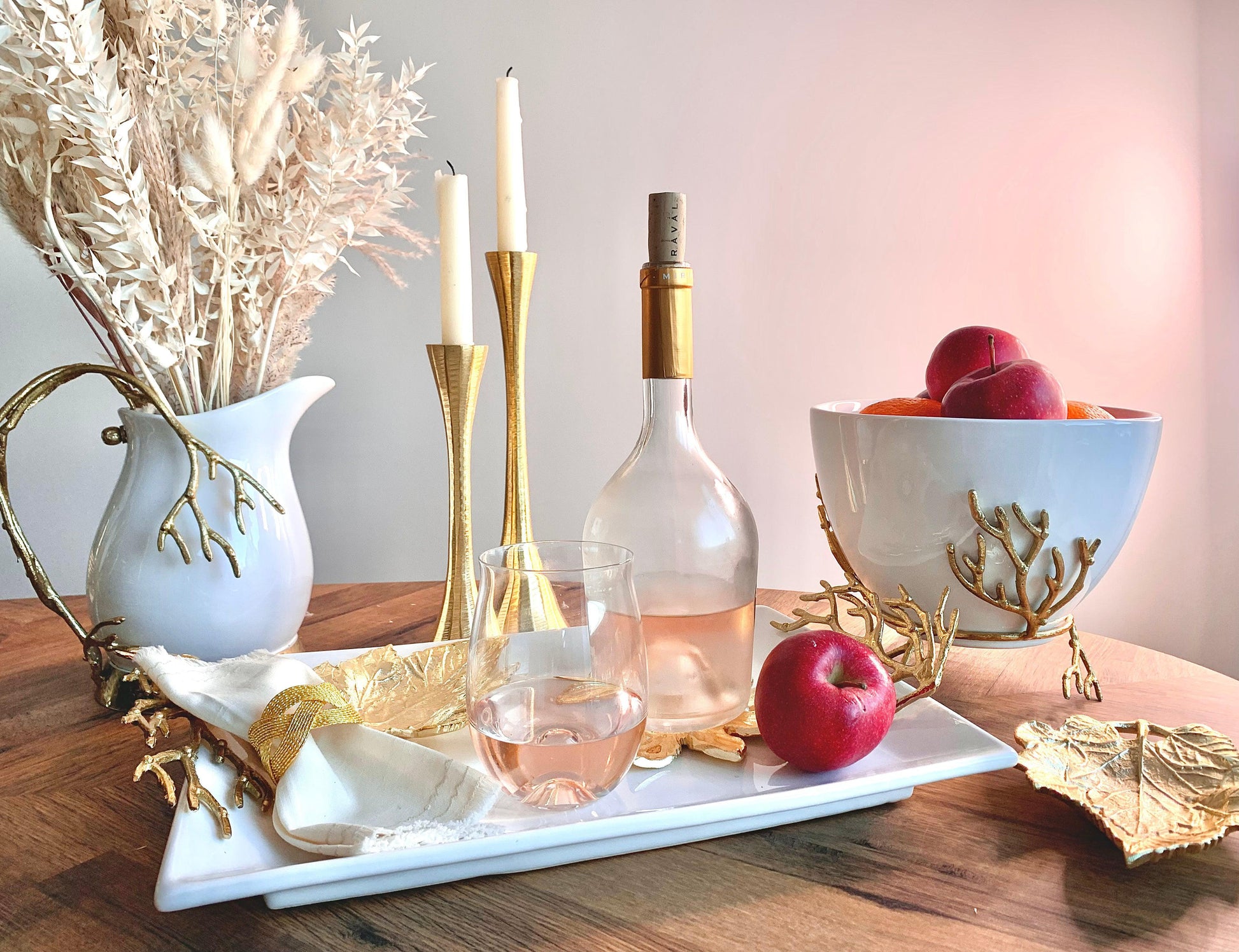 White Ceramic Tray with Gold Coral Design Handles High Class Touch