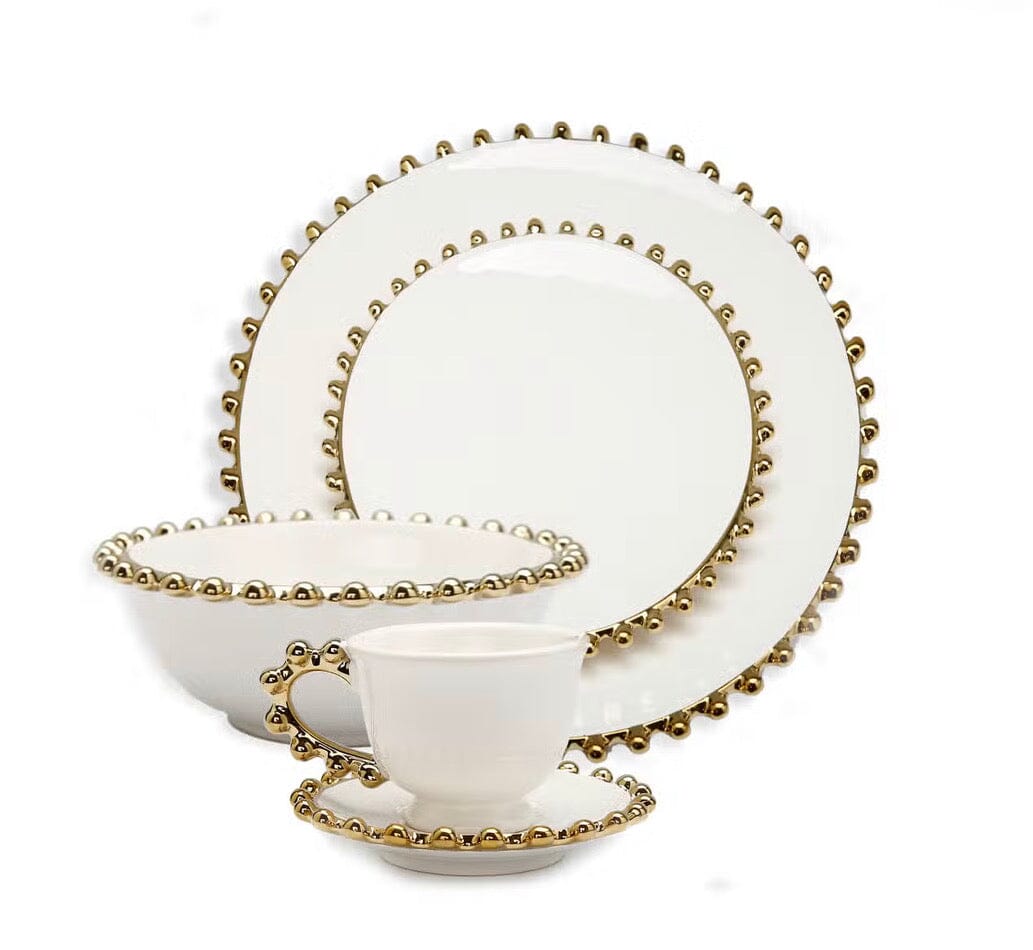 White Dinner Set Gold Beaded Border 5 Piece Set Dinnerware Sets High Class Touch - Home Decor 
