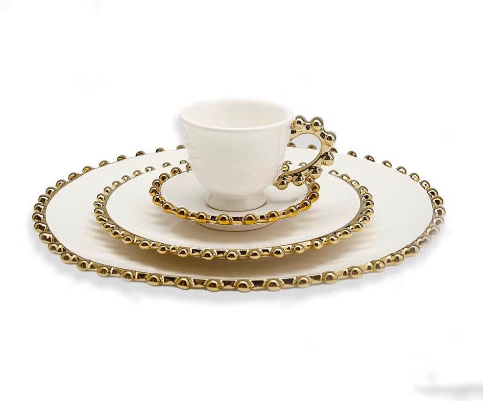 White Dinner Set Gold Beaded Border 5 Piece Set Dinnerware Sets High Class Touch - Home Decor 