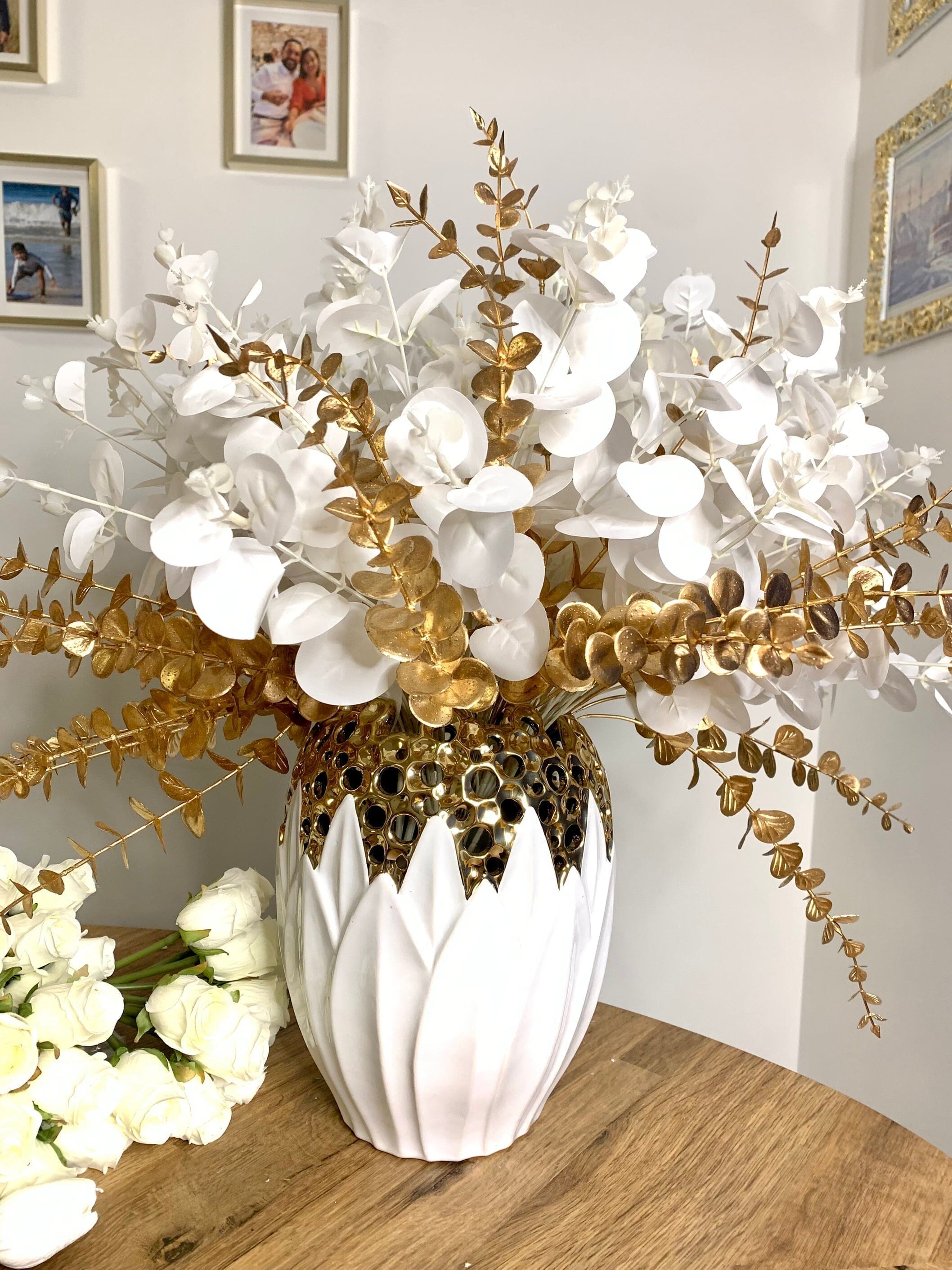 White Faux Flowers and Gold Eucalyptus Artificial Flora High Class Touch - Home Decor 