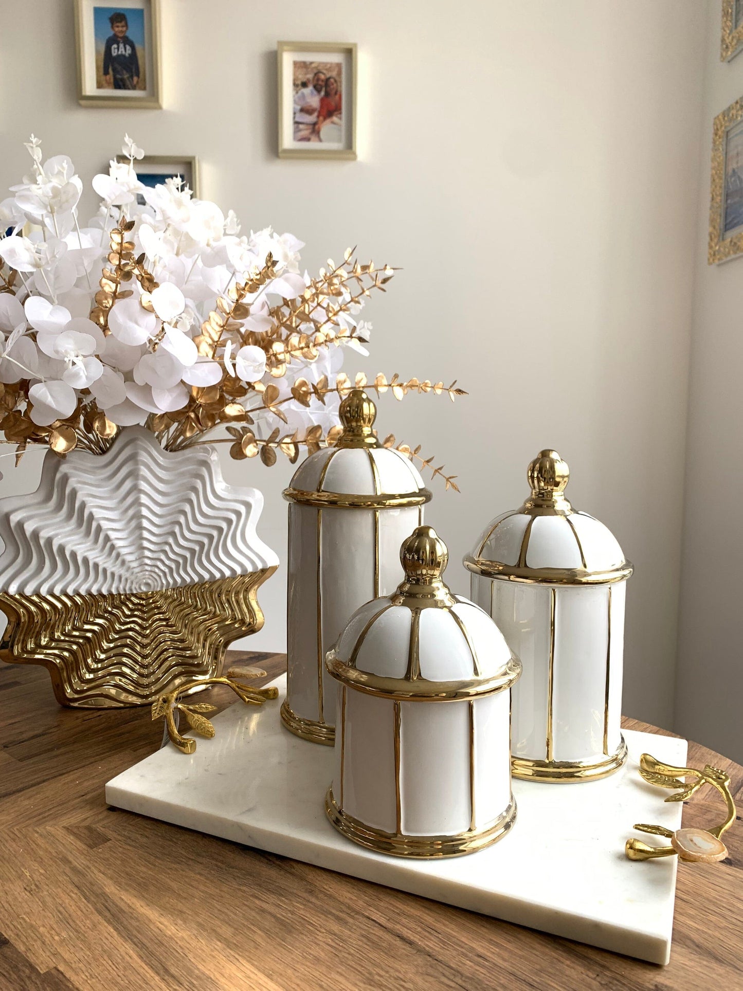 White Jar with Round Dome Cover Thin Gold Stripe Design Decorative Jars High Class Touch - Home Decor 