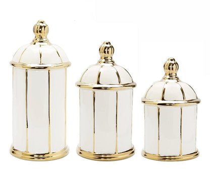 White Jar with Round Dome Cover Thin Gold Stripe Design Decorative Jars High Class Touch - Home Decor Save with Set of 3 