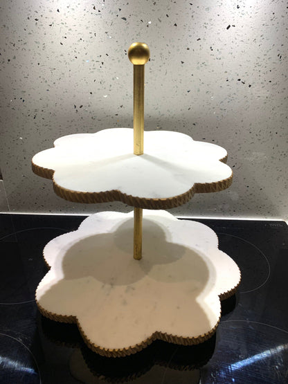 White Marble 2 Tier Cake Stand Silver Detail Cake Stands High Class Touch - Home Decor 