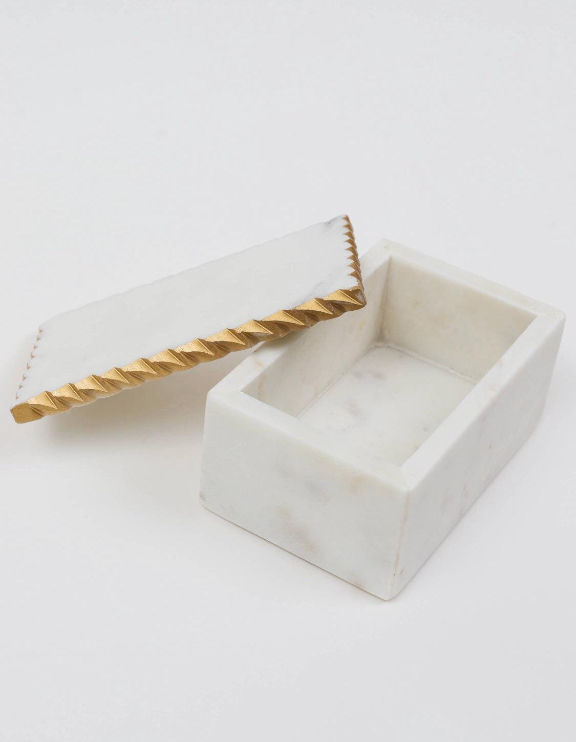 White Marble Decorative Box W/ Cover Gold Dimensional Border Decorative box High Class Touch - Home Decor 