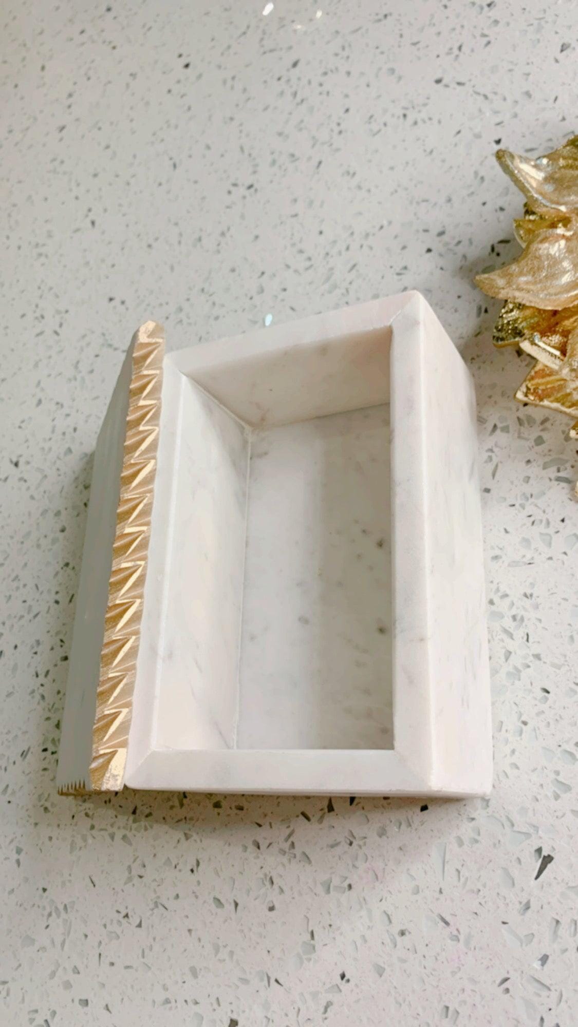 White Marble Decorative Box W/ Cover Gold Dimensional Border Decorative box High Class Touch - Home Decor 