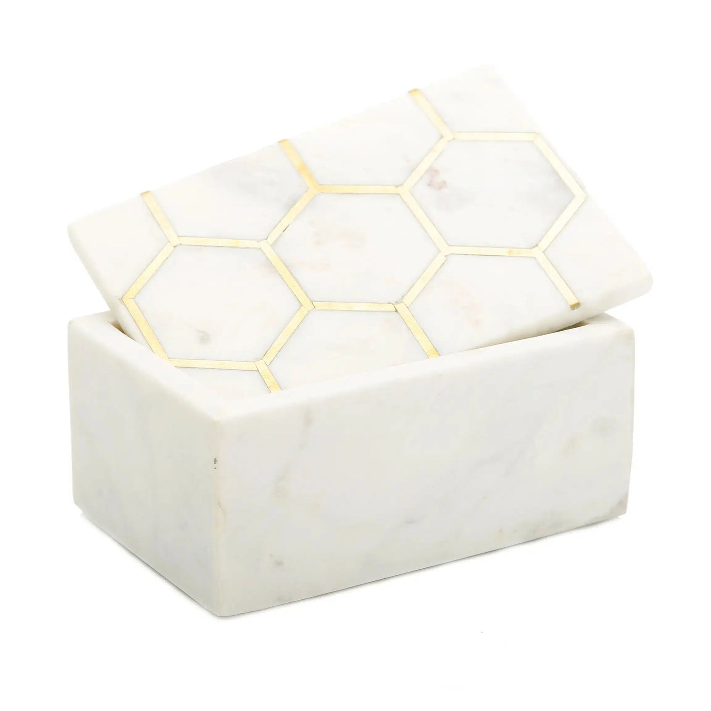 White Marble Decorative Box w/ Gold Hexagon Design on Cover Decorative box High Class Touch - Home Decor 