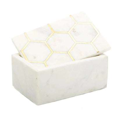 White Marble Decorative Box w/ Gold Hexagon Design on Cover Decorative box High Class Touch - Home Decor 