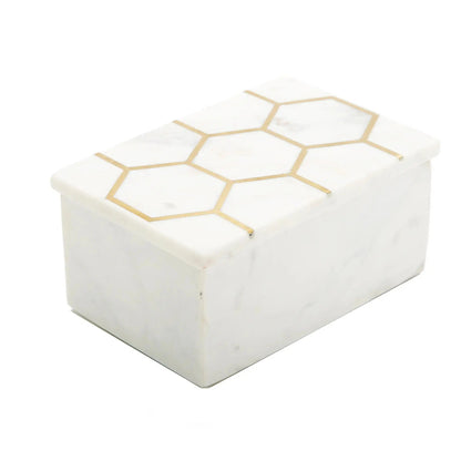 White Marble Decorative Box w/ Gold Hexagon Design on Cover Decorative box High Class Touch - Home Decor 