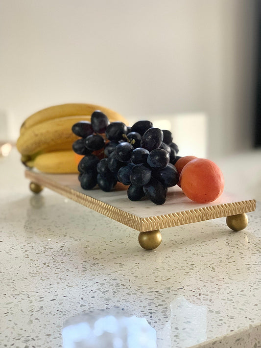 White Marble Oblong Tray With Gold textured Edge Decorative Trays High Class Touch - Home Decor 