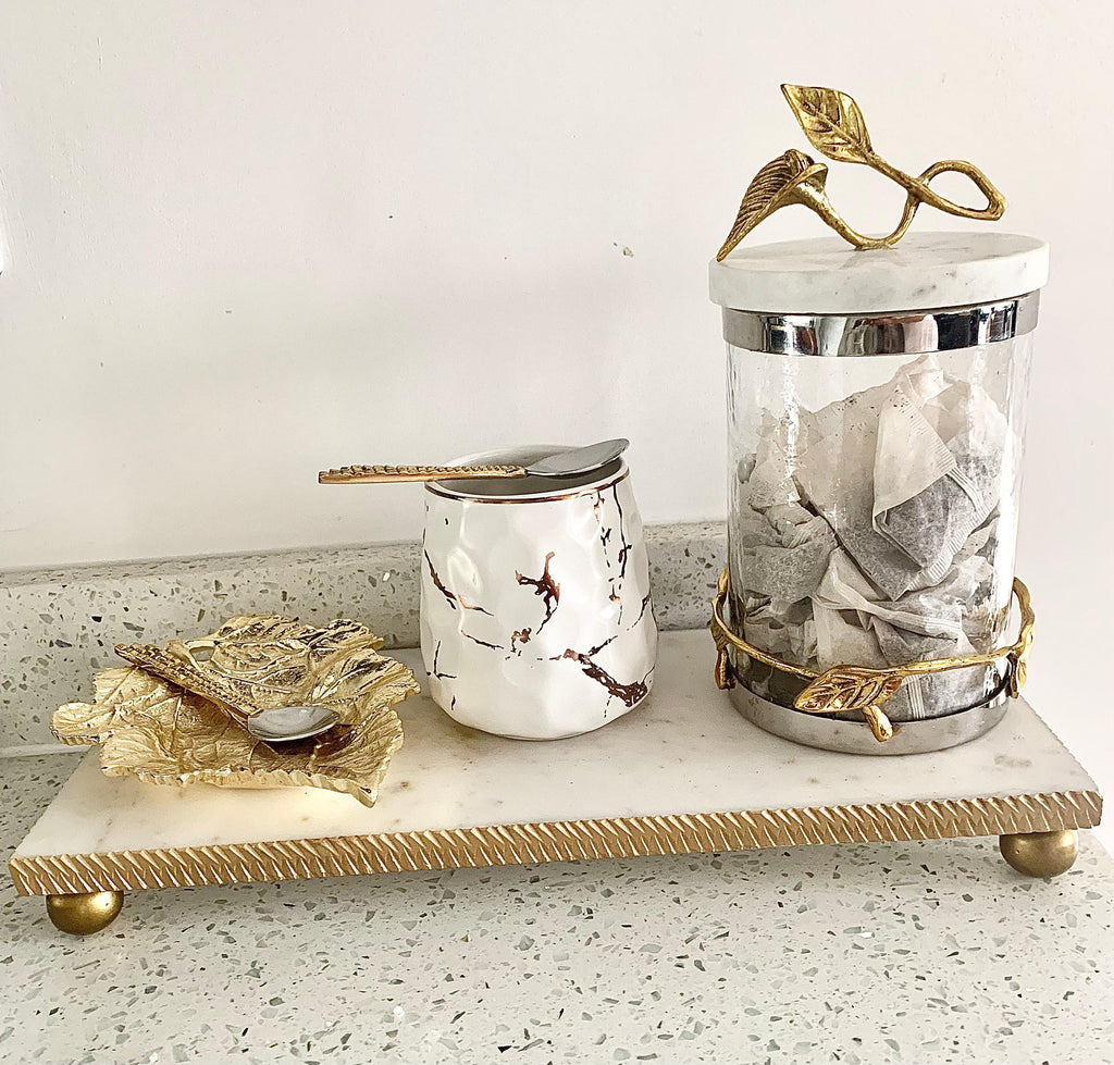 White Marble Oblong Tray With Gold textured Edge Decorative Trays High Class Touch - Home Decor 