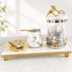 White Marble Oblong Tray With Gold textured Edge Decorative Trays High Class Touch - Home Decor 