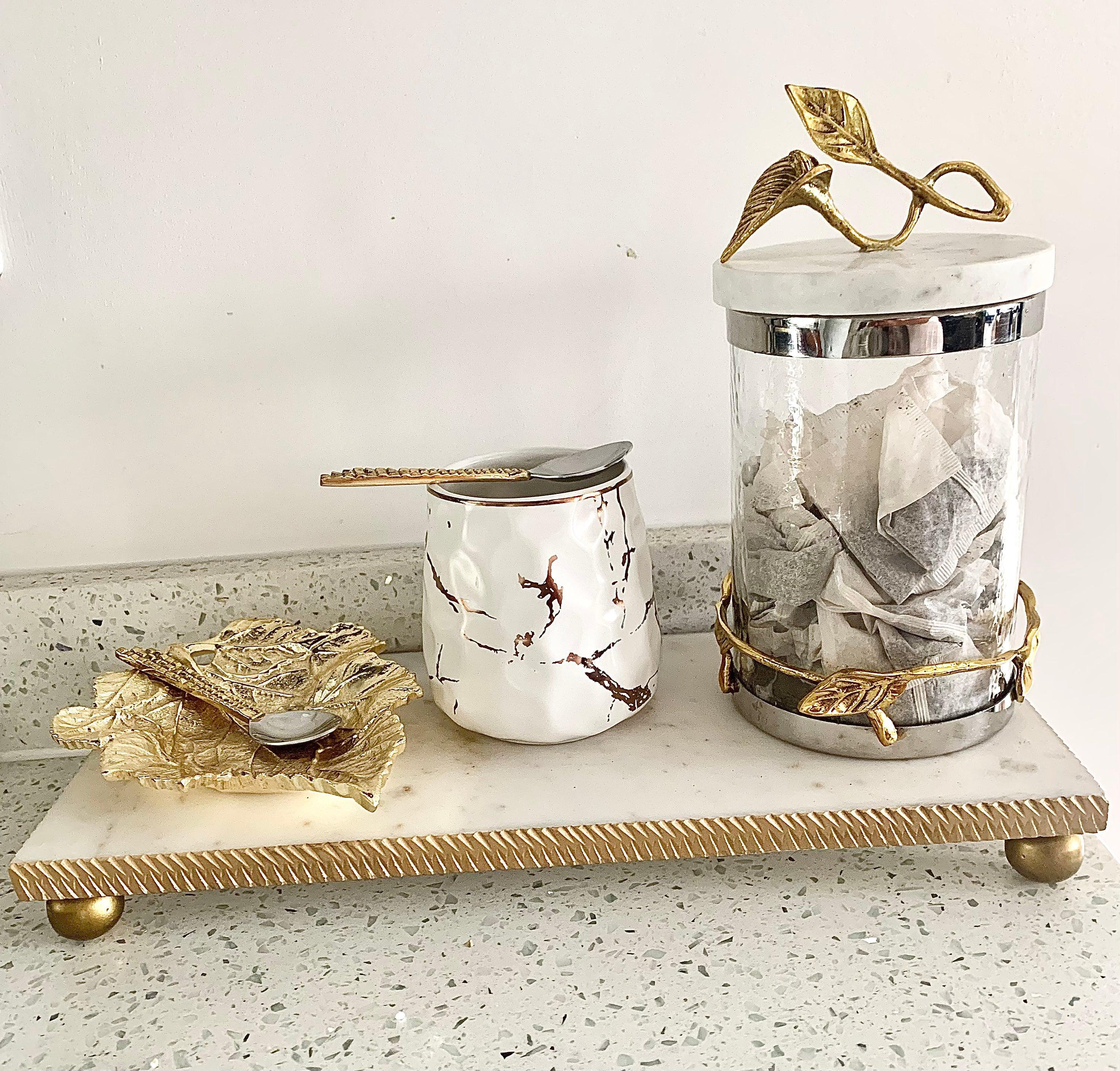 White Marble Oblong Tray With Gold textured Edge Decorative Trays High Class Touch - Home Decor 