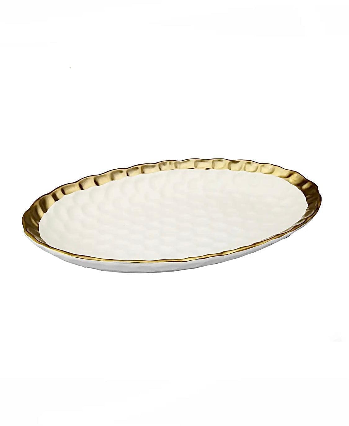 White Oval Tray with Gold Rim 15.25" x 9.5" Plates High Class Touch - Home Decor 