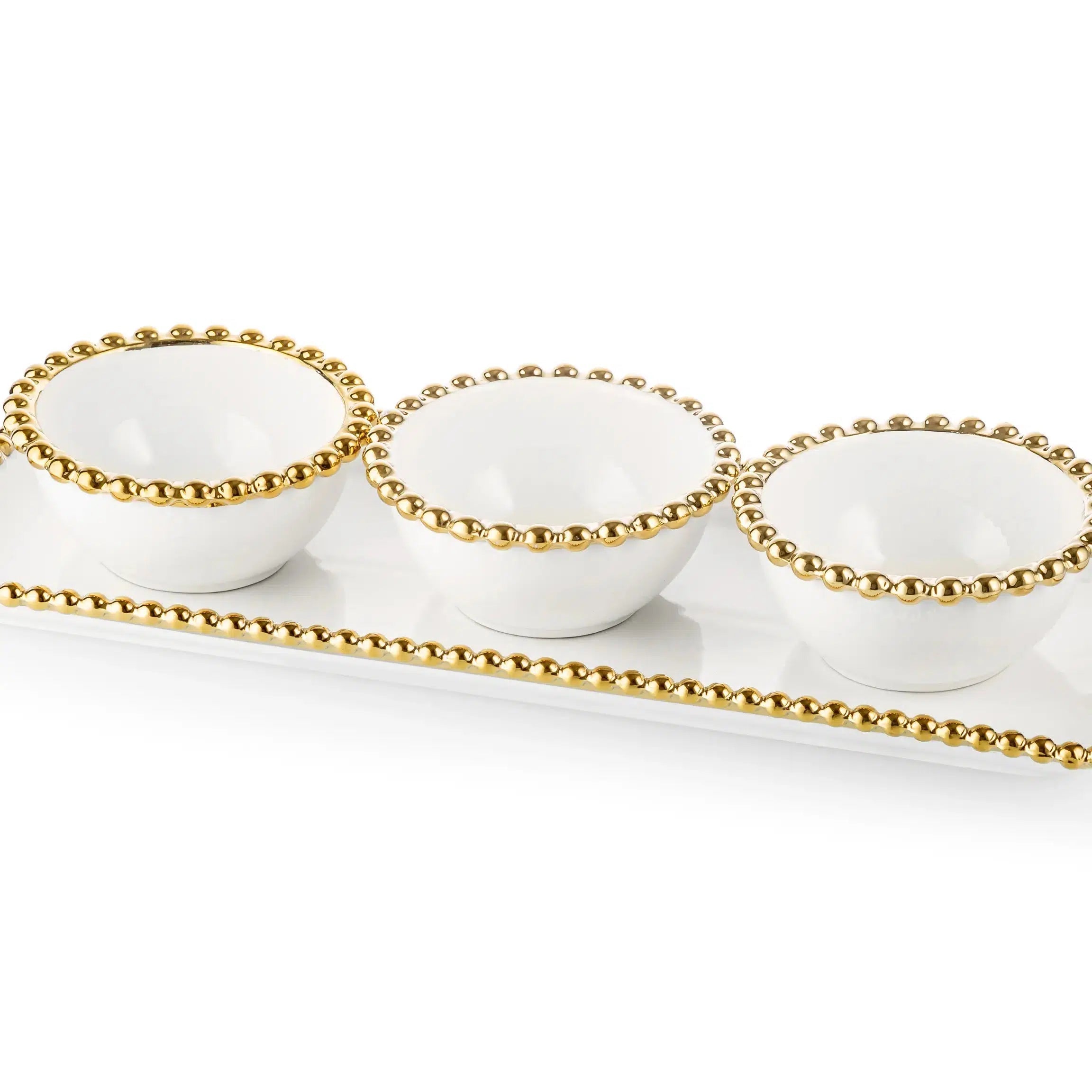 White Porcelain 3 Bowl Relish Dish with Gold Beaded Design Snack Bowls High Class Touch - Home Decor 
