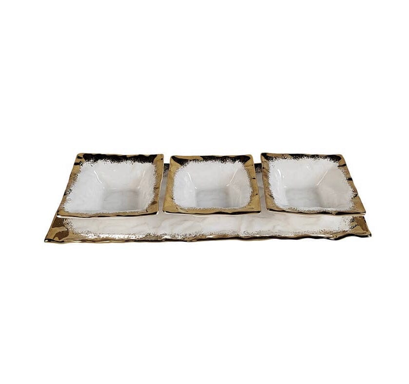 White Porcelain 3 Bowl Relish Dish with Gold Scalloped Edge Plates High Class Touch - Home Decor 