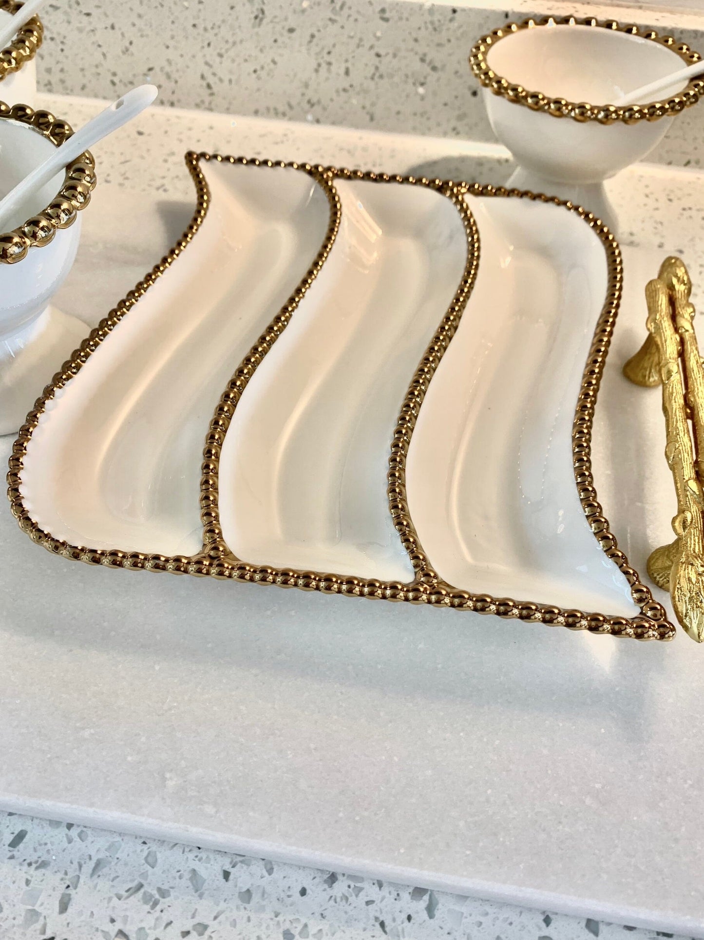 White Porcelain 3 Divider Tracker Dish 10"L x 9"W Snack Bowls High Class Touch - Home Decor 