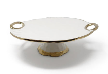 White Porcelain Cake Stand with Gold Loop Handles Cake Stands High Class Touch - Home Decor 