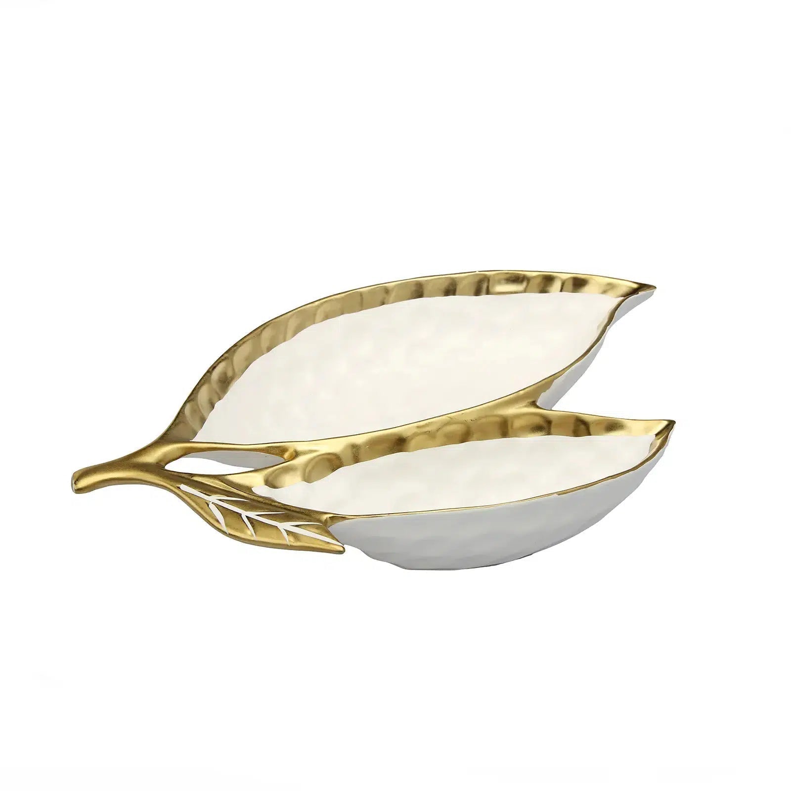 White Porcelain Double Leaf Relish Dish with Gold Rim 15" Serving Bowls High Class Touch - Home Decor 