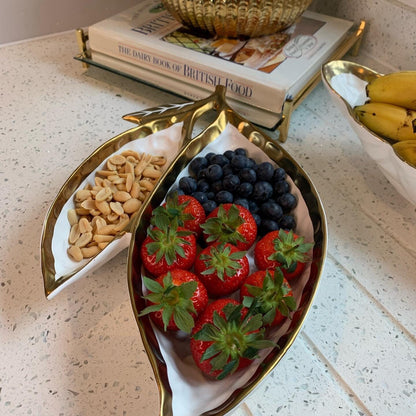 White Porcelain Double Leaf Relish Dish with Gold Rim 15" Serving Bowls High Class Touch - Home Decor 