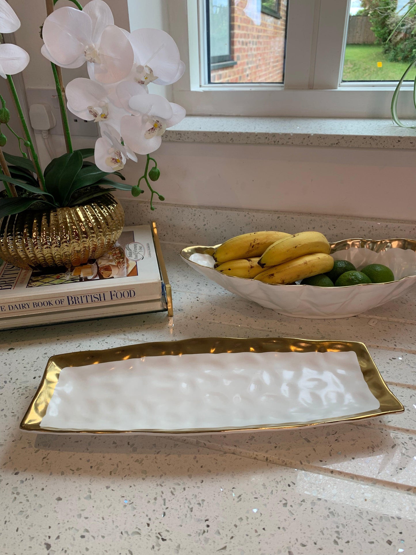 White Porcelain Oblong Tray with Gold Rim 15.5”L x 6”W Snack Bowls High Class Touch - Home Decor 