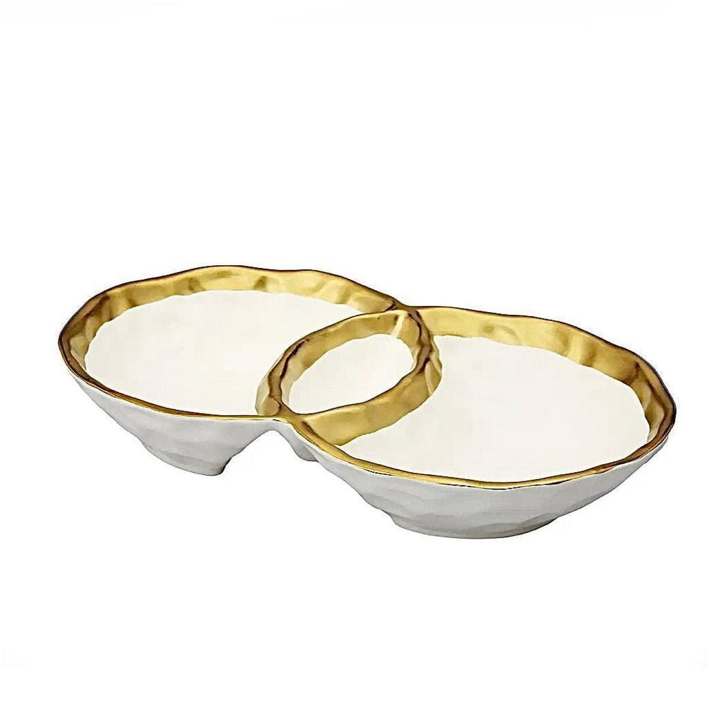 White Porcelain Round Double Bowl with Gold Rim Serving Bowls High Class Touch - Home Decor 