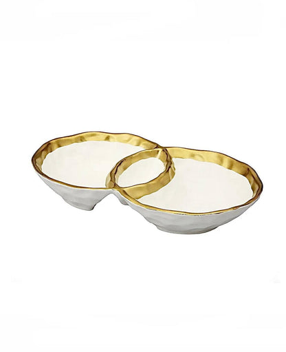White Porcelain Round Double Bowl with Gold Rim Serving Bowls High Class Touch - Home Decor 