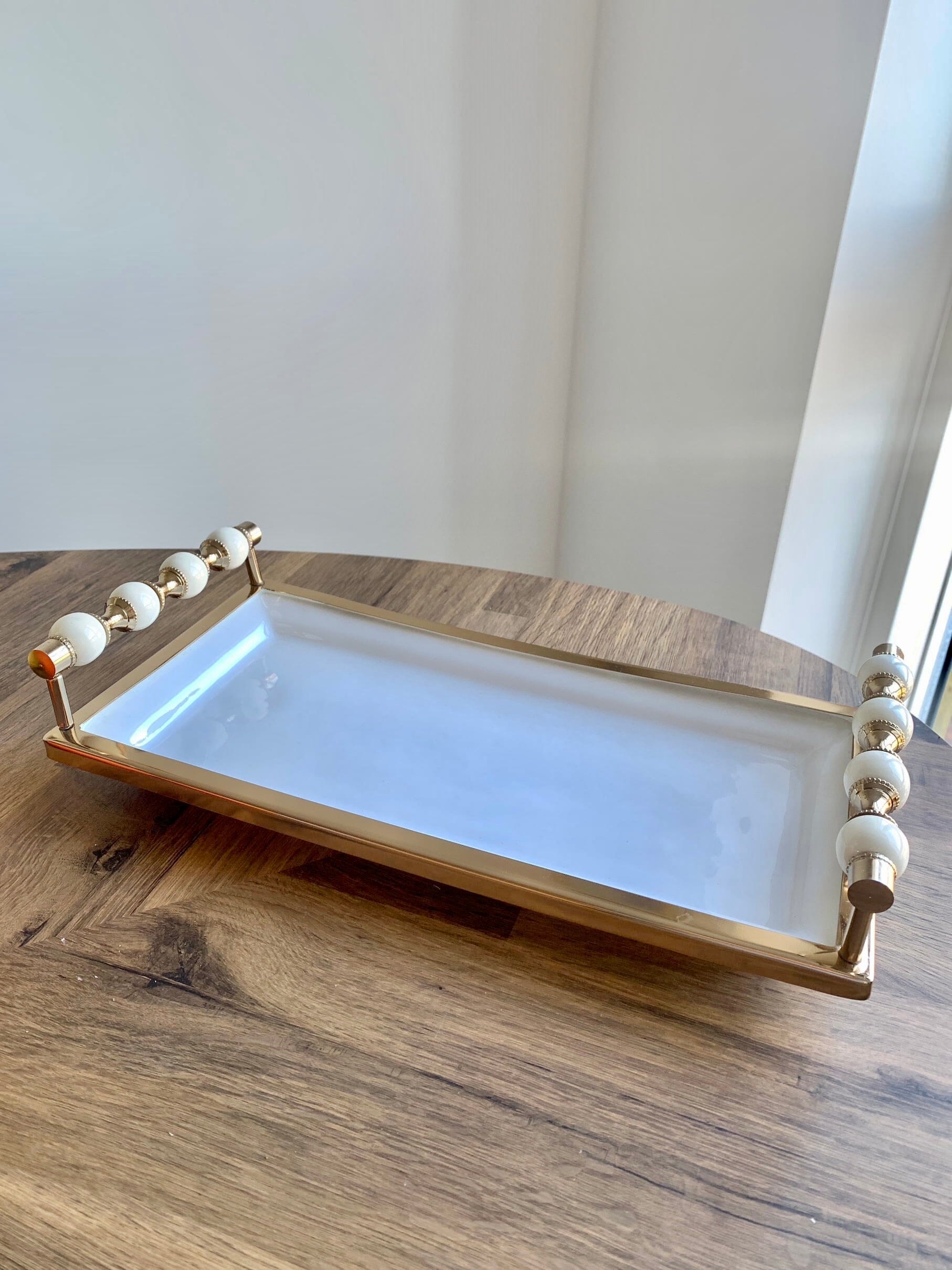 White Rectangular Tray with White and Gold beaded Handles Decorative Trays High Class Touch - Home Decor 