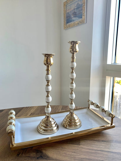 White Rectangular Tray with White and Gold beaded Handles Decorative Trays High Class Touch - Home Decor 