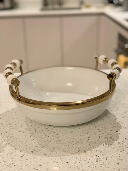 White Round Bowl with Gold and White Beaded Design Handles Decorative Bowls High Class Touch - Home Decor 