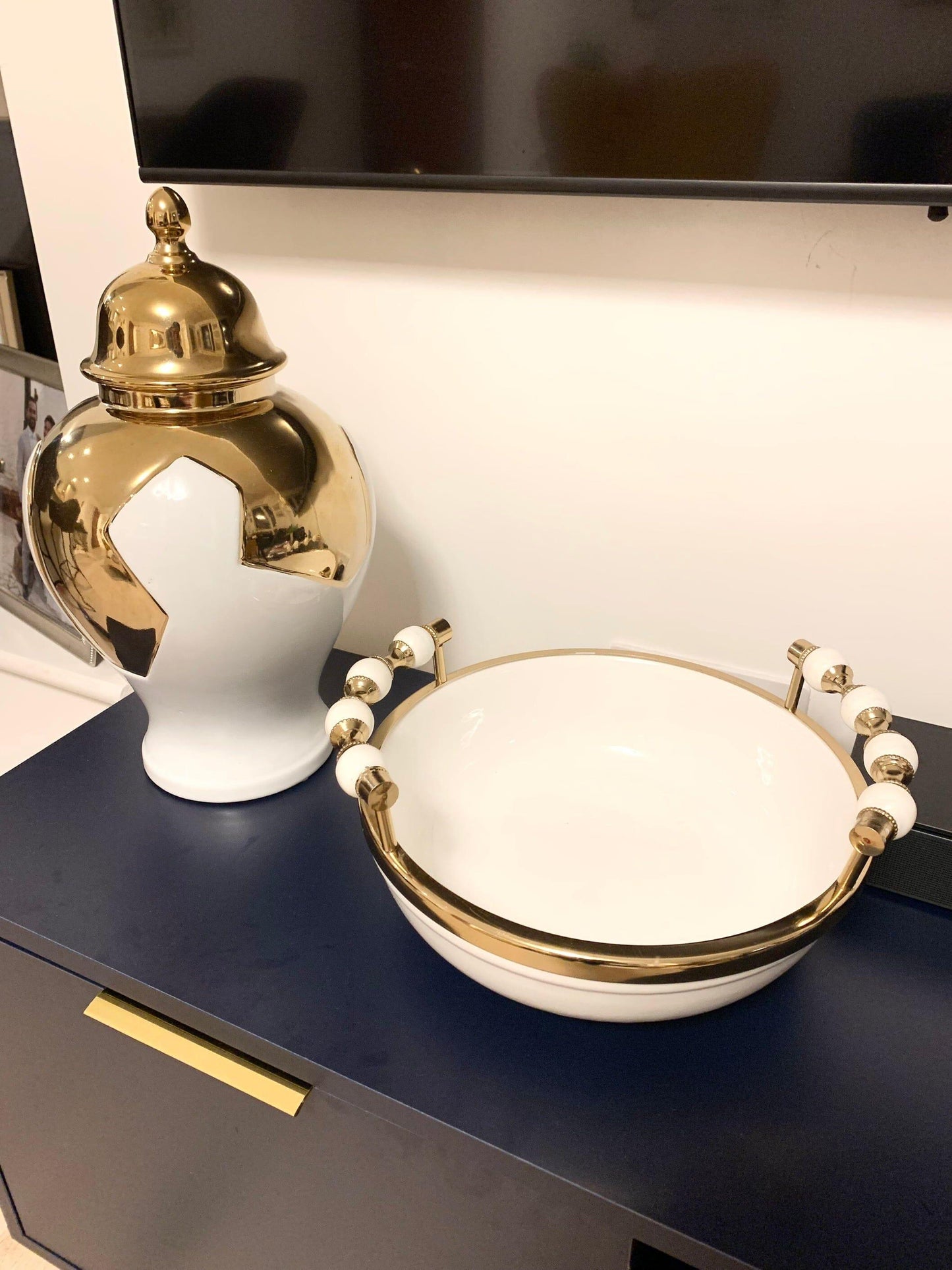White Round Bowl with Gold and White Beaded Design Handles Decorative Bowls High Class Touch - Home Decor 
