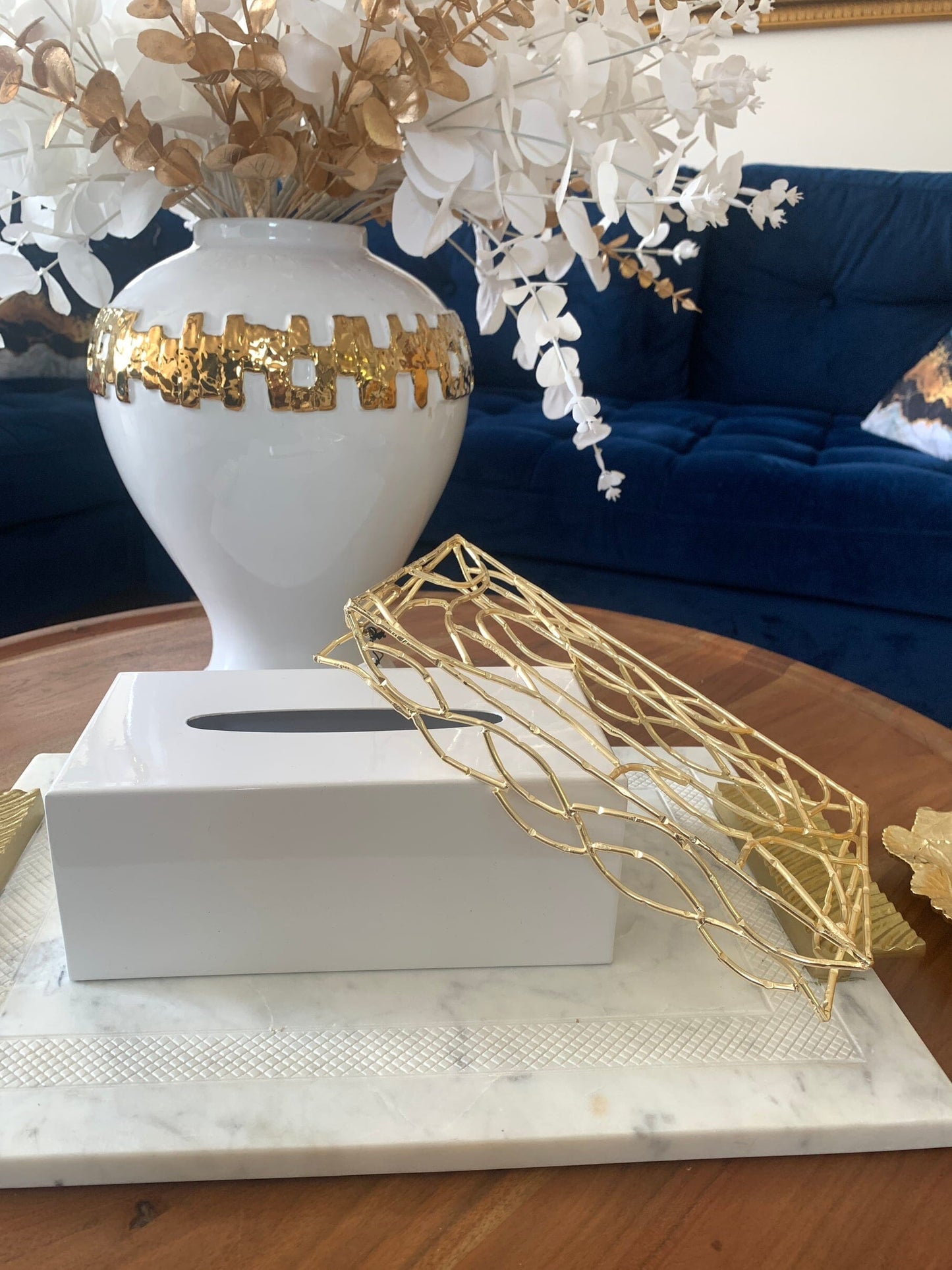 White Tissue Box Gold Mesh Design on Cover Facial Tissue Holders High Class Touch - Home Decor 