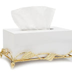 White Tissue Box on Gold Leaf Design Base Facial Tissue Holders High Class Touch - Home Decor 
