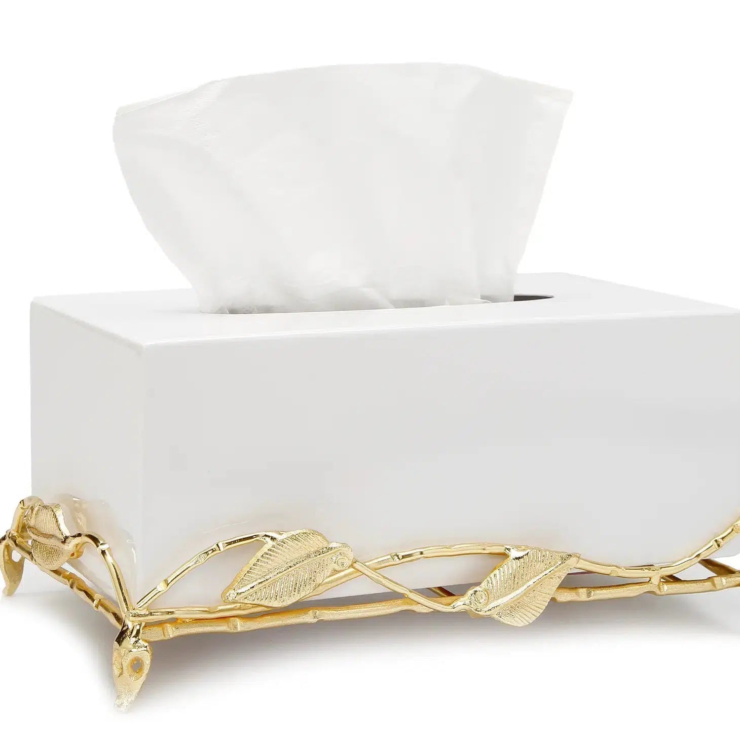 White Tissue Box on Gold Leaf Design Base Facial Tissue Holders High Class Touch - Home Decor 