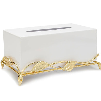White Tissue Box on Gold Leaf Design Base Facial Tissue Holders High Class Touch - Home Decor 