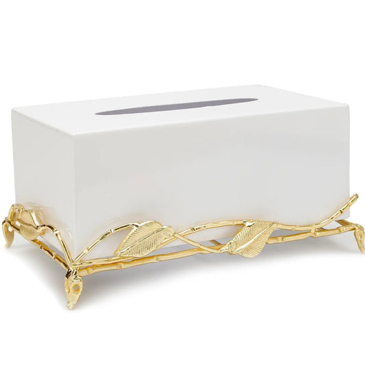 White Tissue Box on Gold Leaf Design Base Facial Tissue Holders High Class Touch - Home Decor 