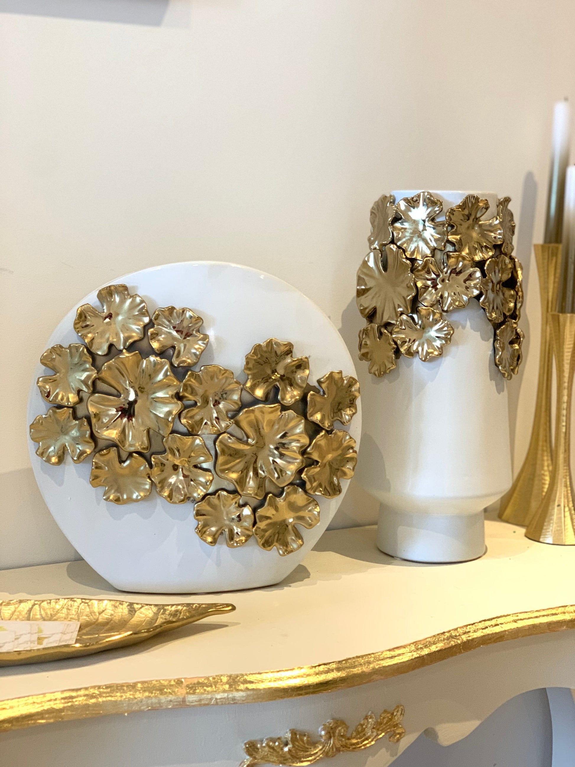 White Vase Gold Upper Flower Detail – High Class Touch - Home Decor